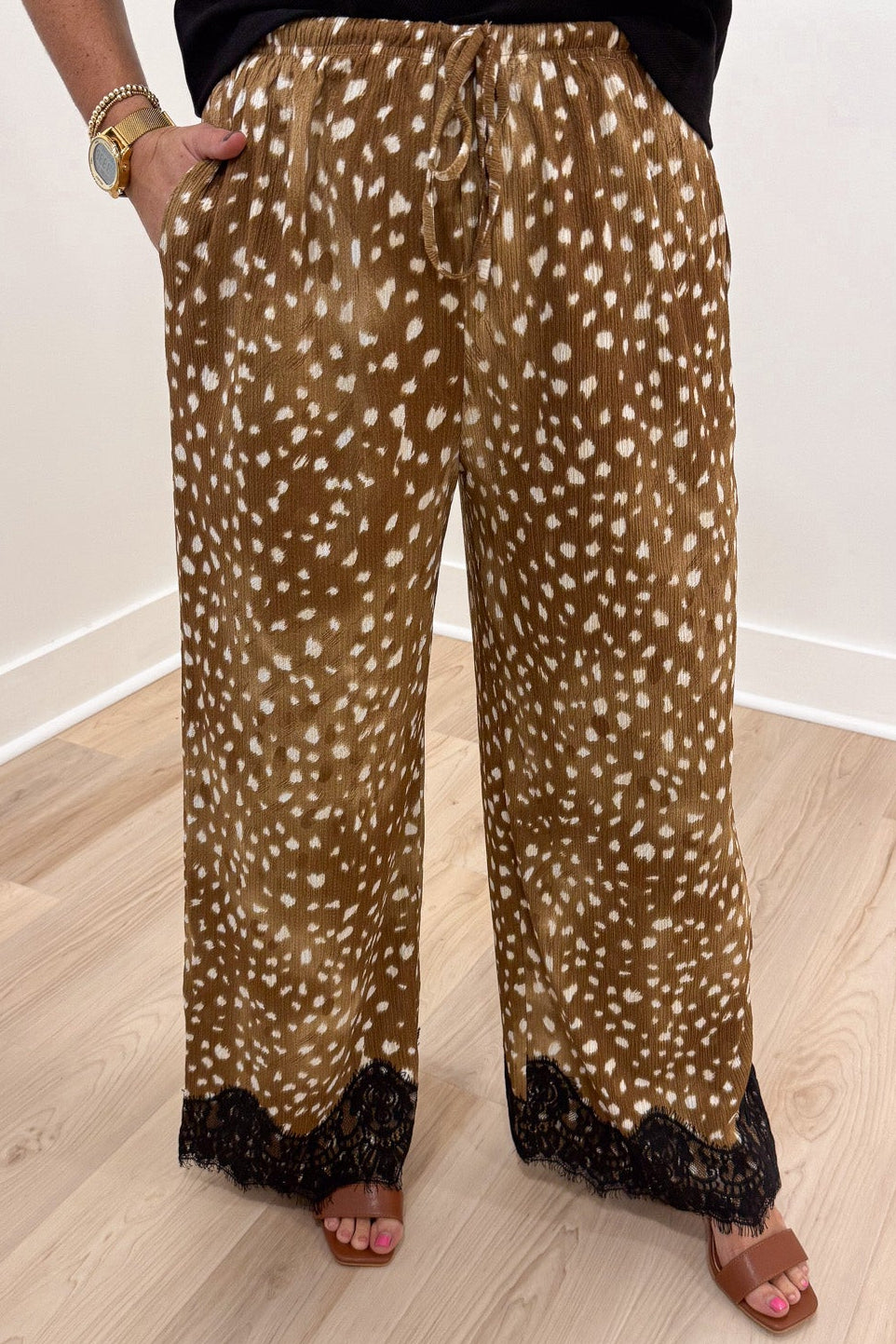 taupe and cream deer print with black lace hem drawstring elastic waist wide leg pants
