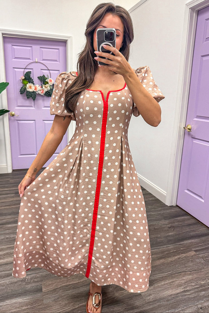 taupe and cream polka dot print with orange trim details puff sleeve midi dress