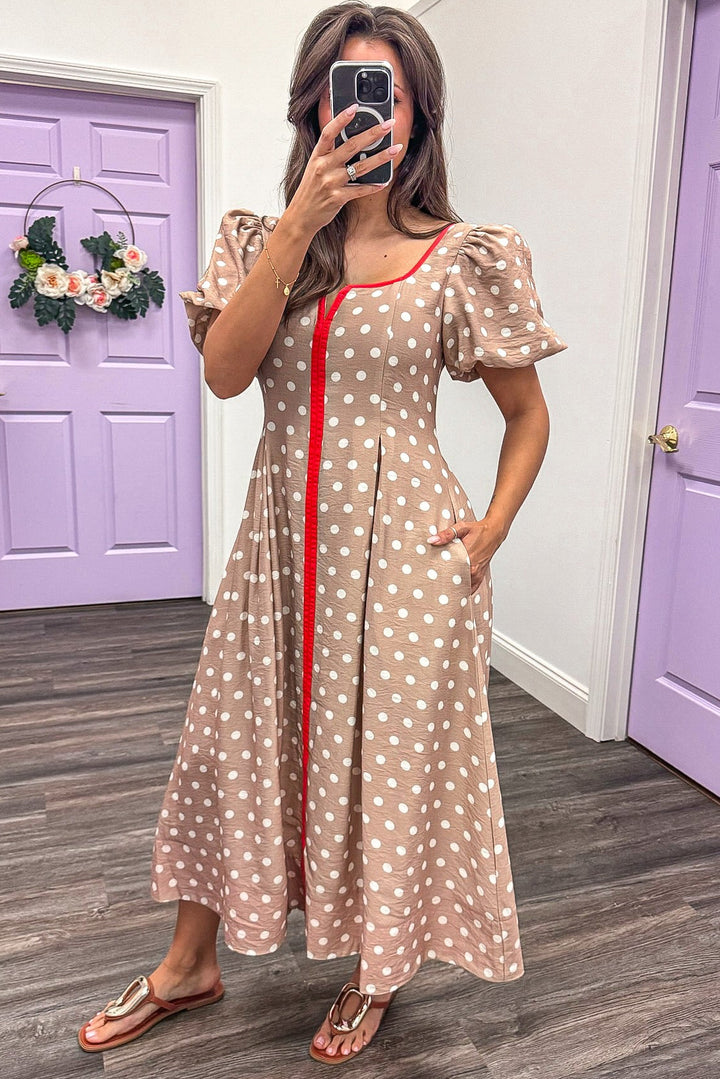 taupe and cream polka dot with orange trim midi dress with side pockets