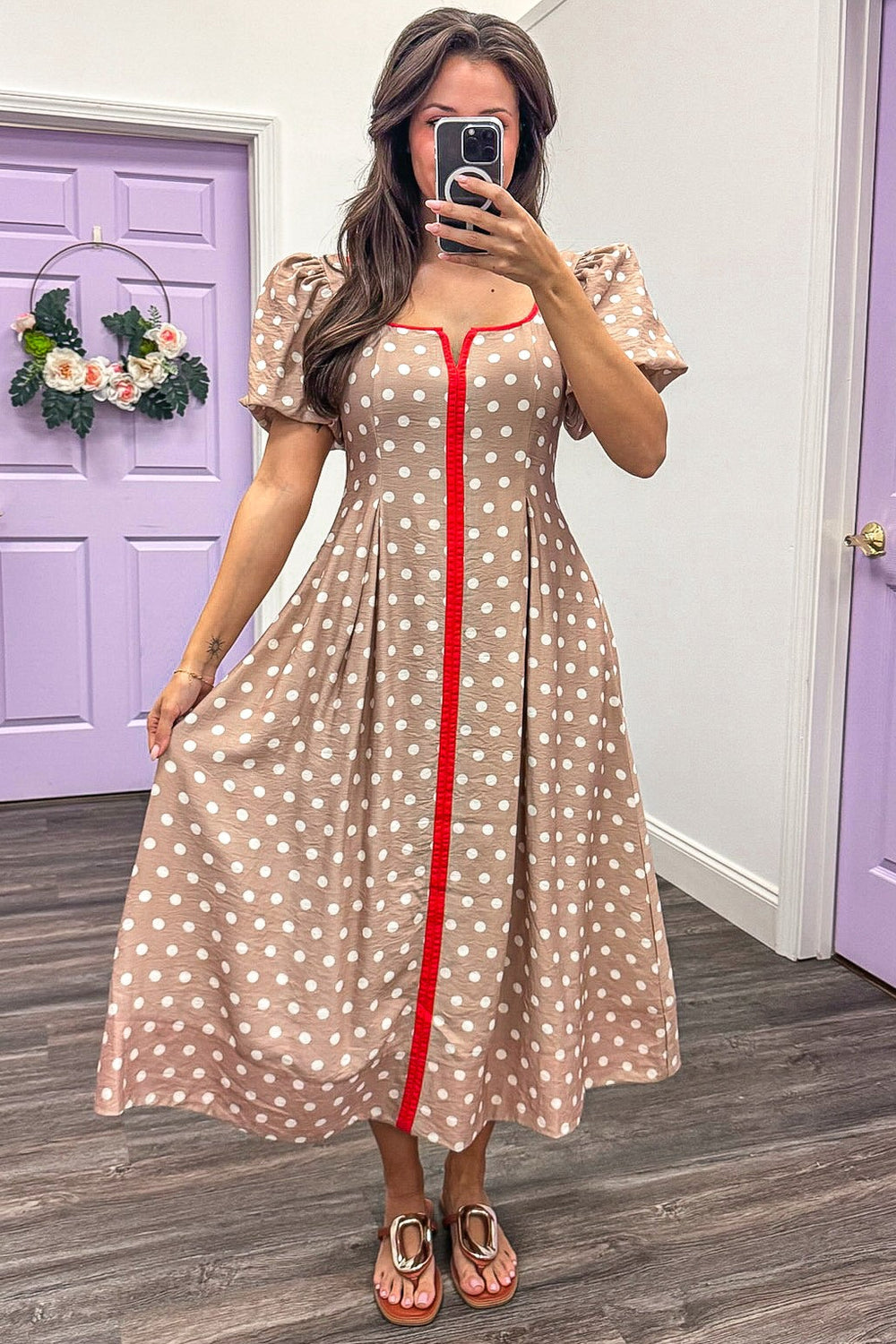 taupe and cream polka dot print with orange trim details flowy midi dress