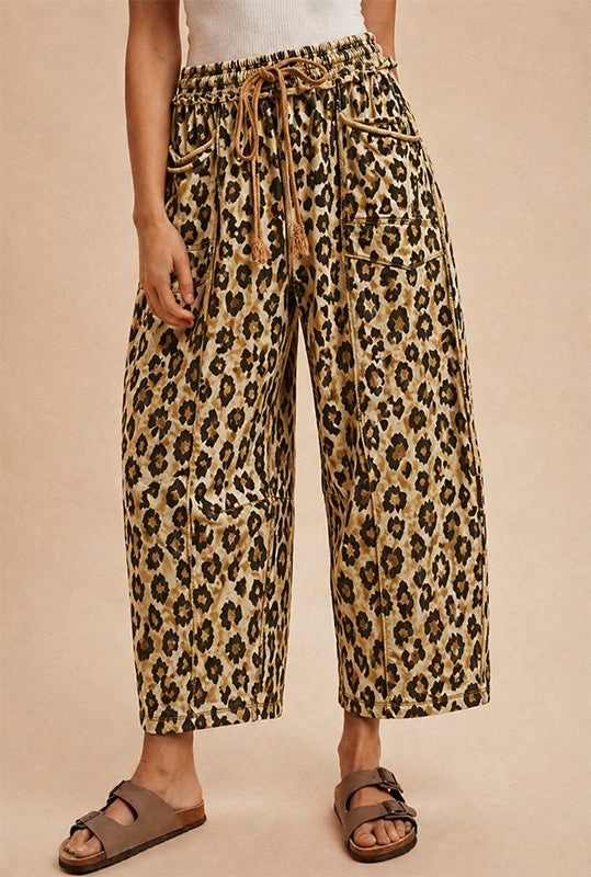 Taupe, black and brown leopard print french terry knit barrel pants