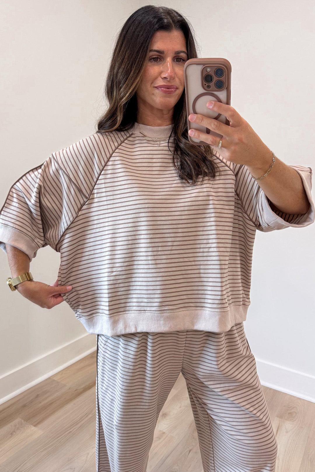 taupe and mocha horizontal striped relaxed silhouette top and jogger pants matching knit set