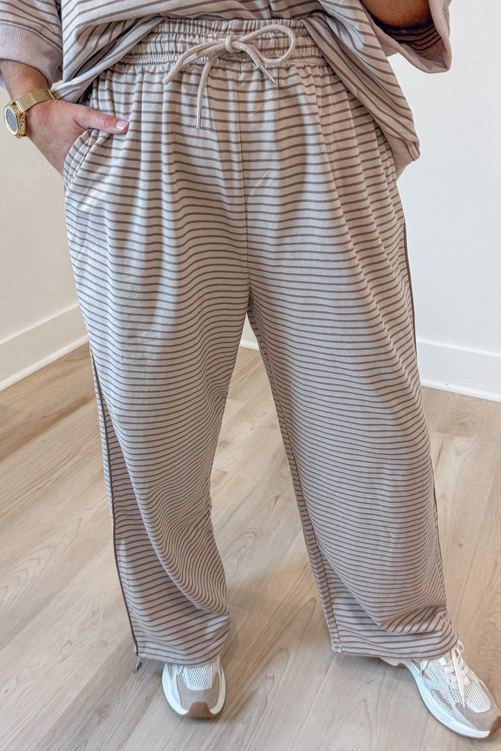 taupe and mocha horizontal striped top and drawstring jogger pants matching knit set