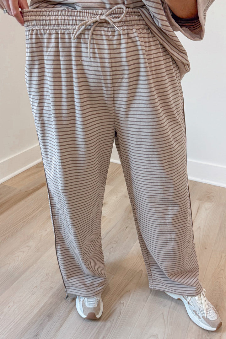 taupe and mocha horizontal striped top and elastic waist jogger pants matching knit set