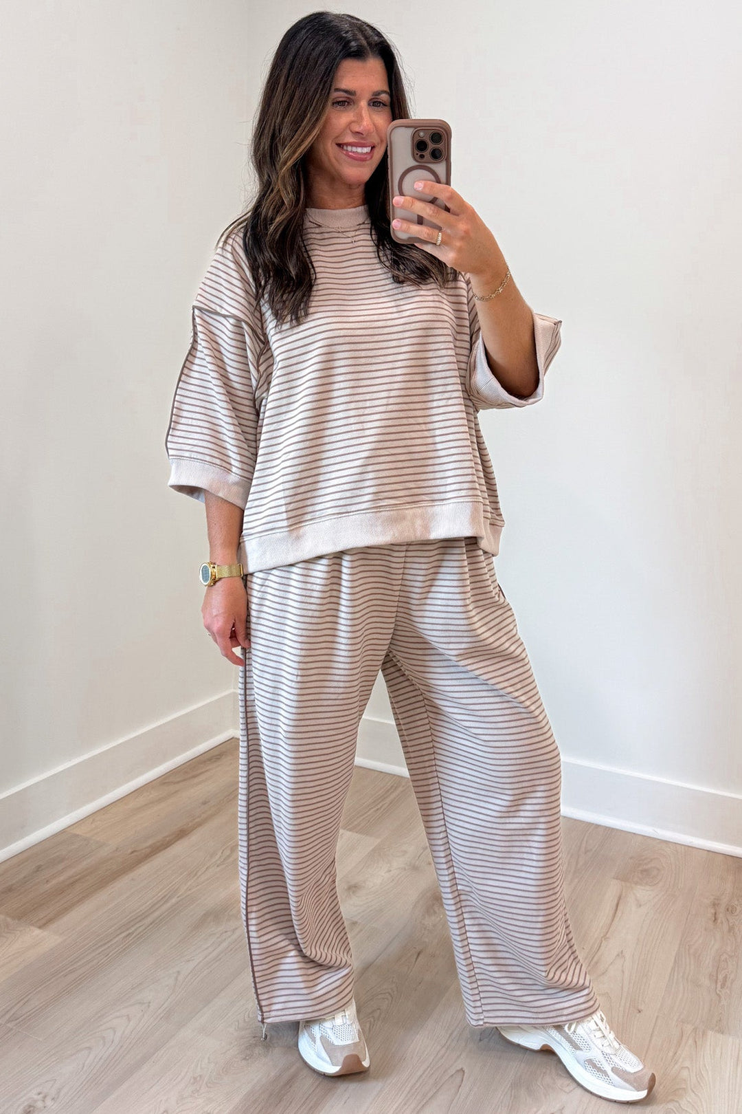 taupe and mocha horizontal striped top and jogger pants matching knit set with piping trim details