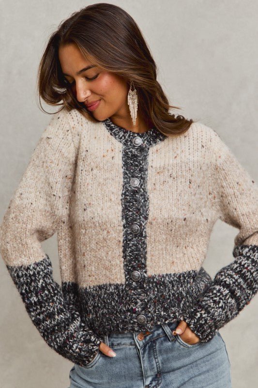 Women's multicolor taupe wide stripe button front sweater with charcoal trim by So Me showing front view