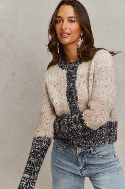 Women's multicolor taupe wide stripe button front sweater with charcoal trim by So Me showing slight side view