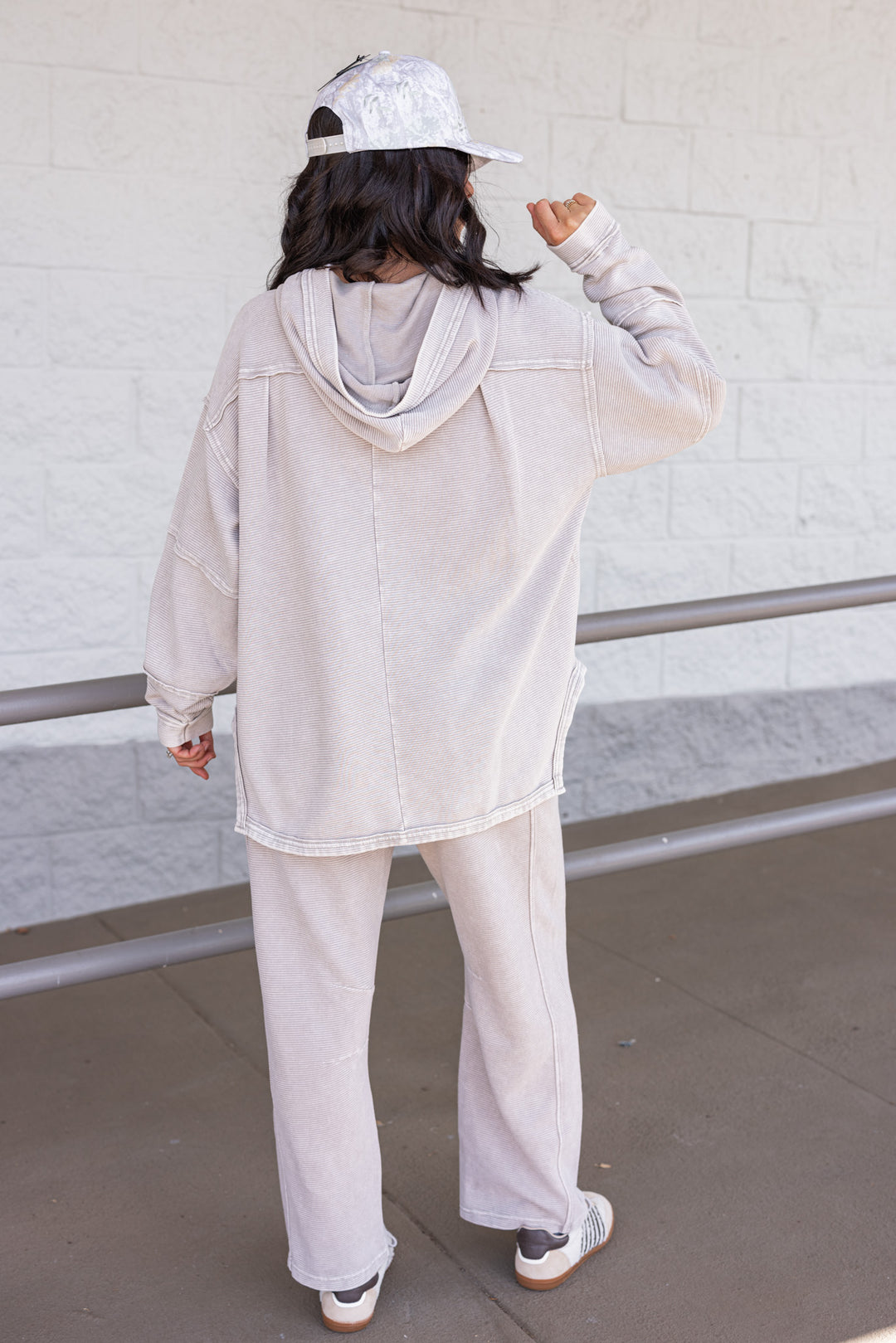 Women's mineral washed heather grey ribbed knit hooded pullover by Easel  showing back view