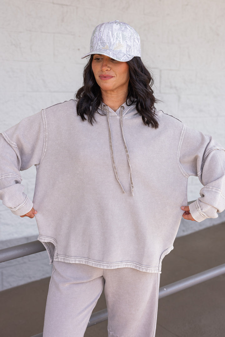 Women's mineral washed heather grey ribbed knit hooded pullover by Easel showing loose relaxed fit
