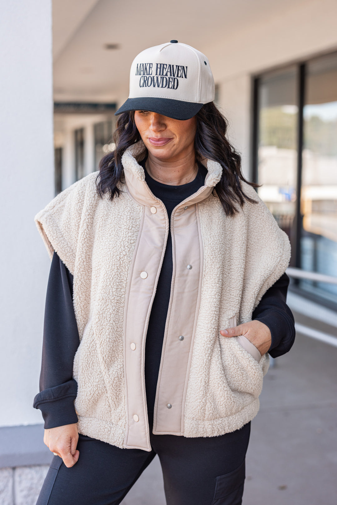 Women's taupe sherpa vest by Rae Mode