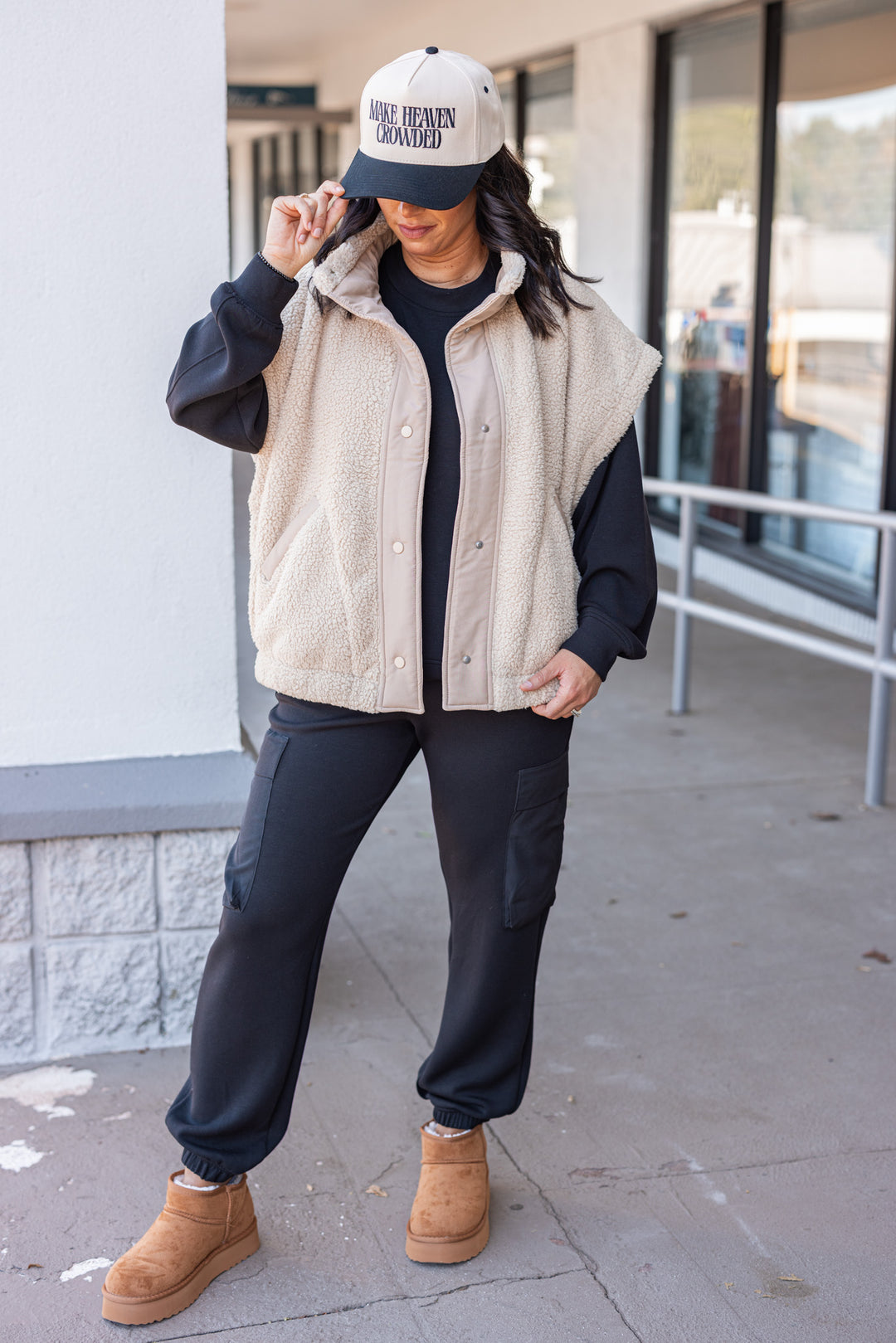 Women's taupe sherpa vest by Rae Mode showing full front view