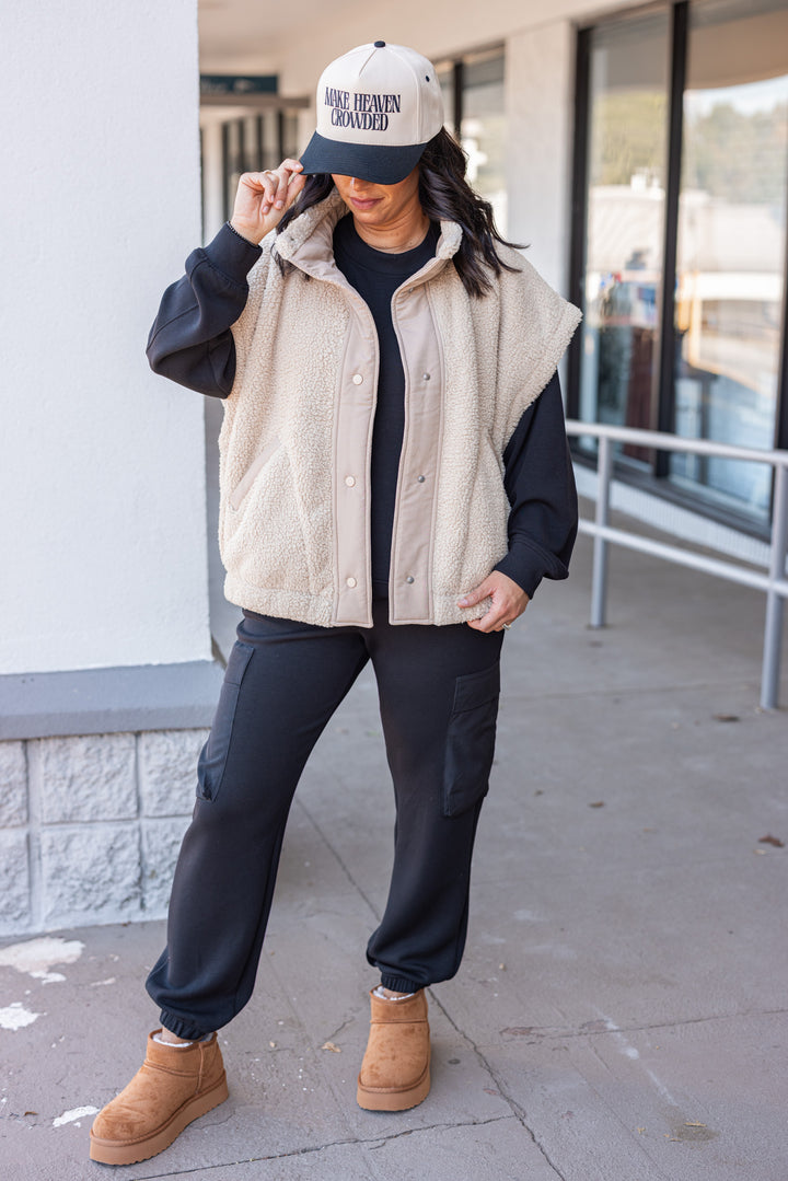 Women's taupe sherpa vest by Rae Mode showing full front view