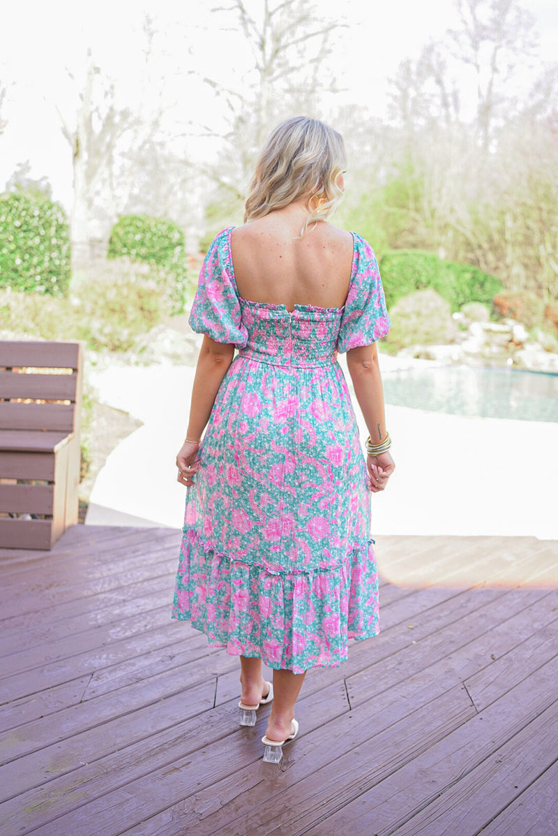 spring floral smocked midi dress