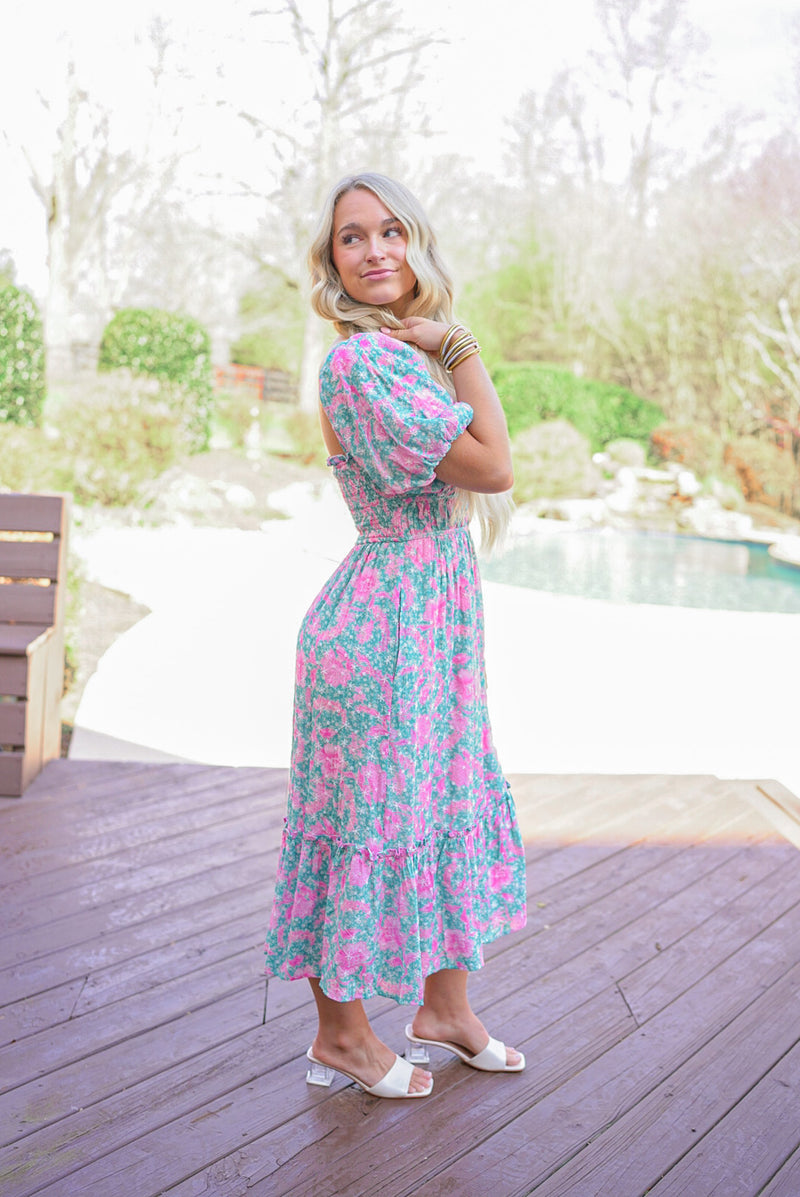 spring floral smocked midi dress