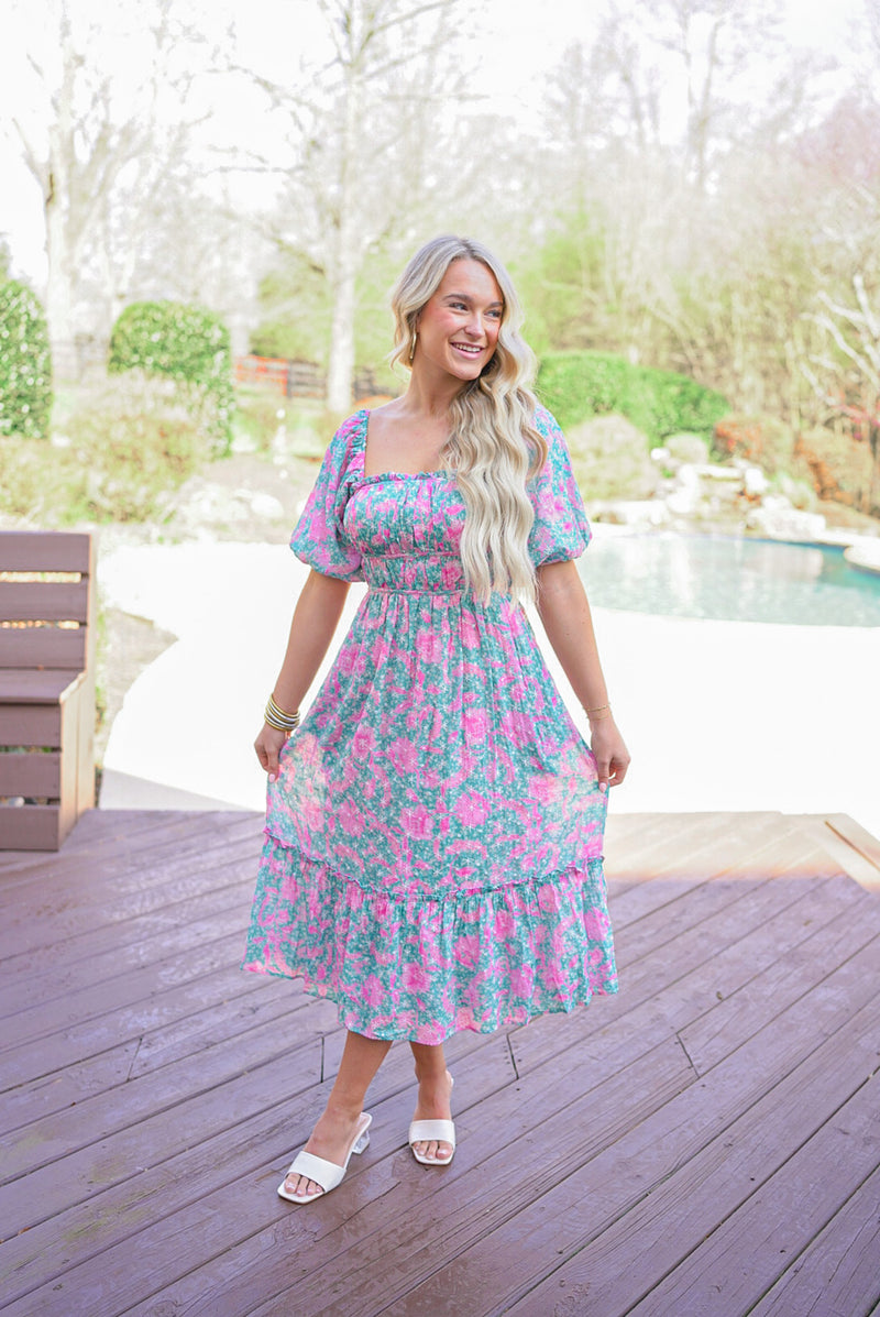 spring floral smocked midi dress