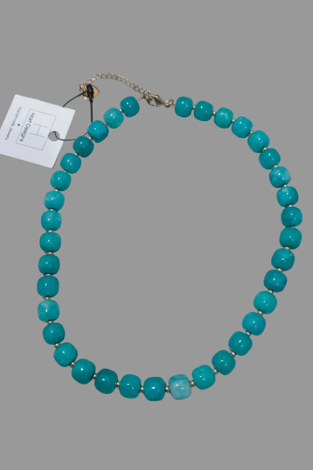 thin beaded statement necklace aqua blue