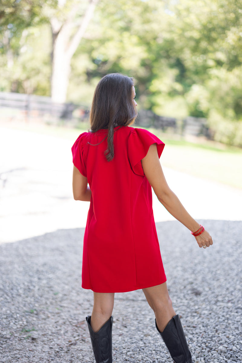 red shift dress with pockets