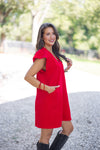 red shift dress with pockets