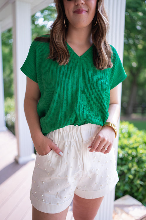 green classic timeless textured blouse