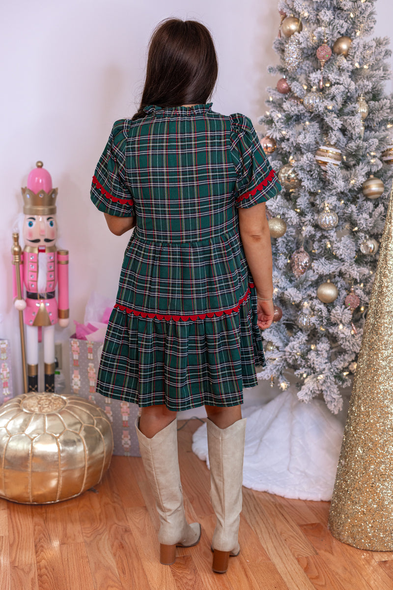 green red plaid scalloped trim babydoll dress