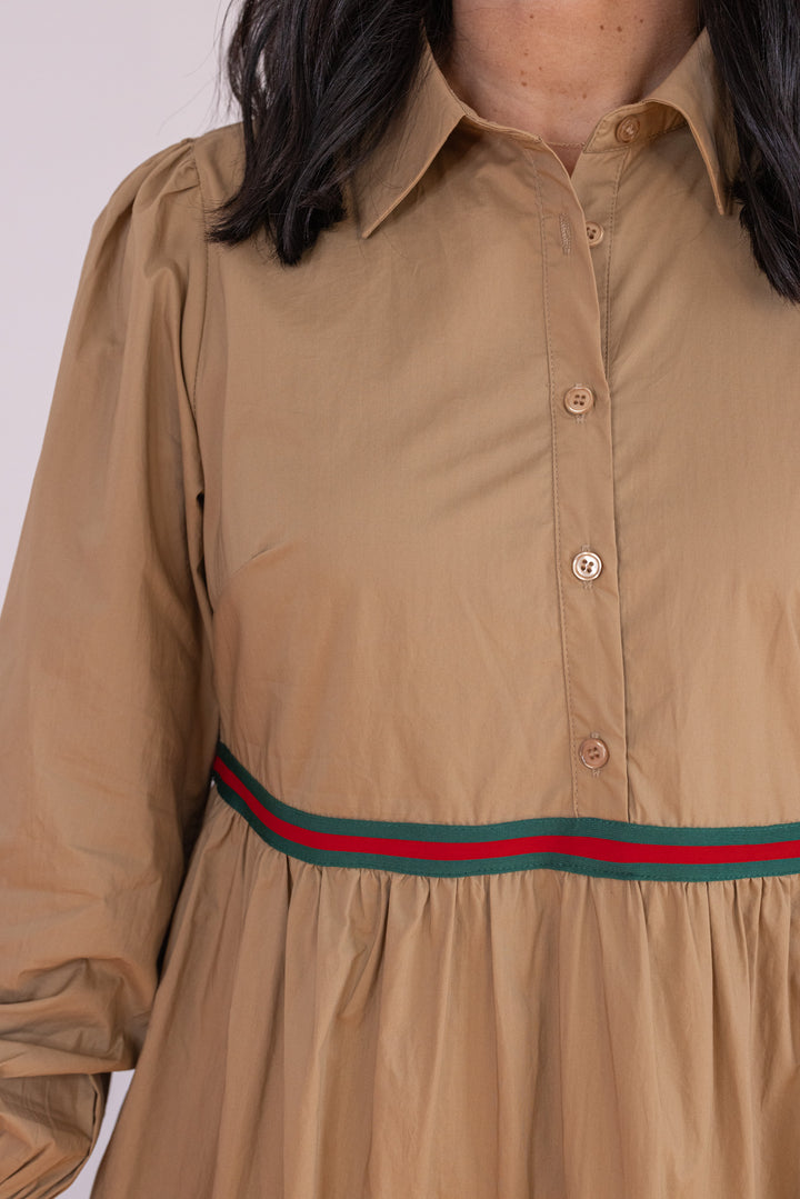 Women's taupe poplin midi dress with red and green ribbon trimmed tiers by Jodifl showing up close, bodice view