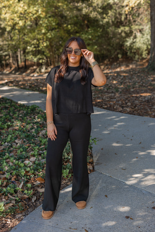 elevated comfy black ribbed knit pants set