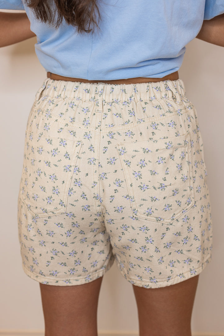 cream blue floral print cotton denim shorts