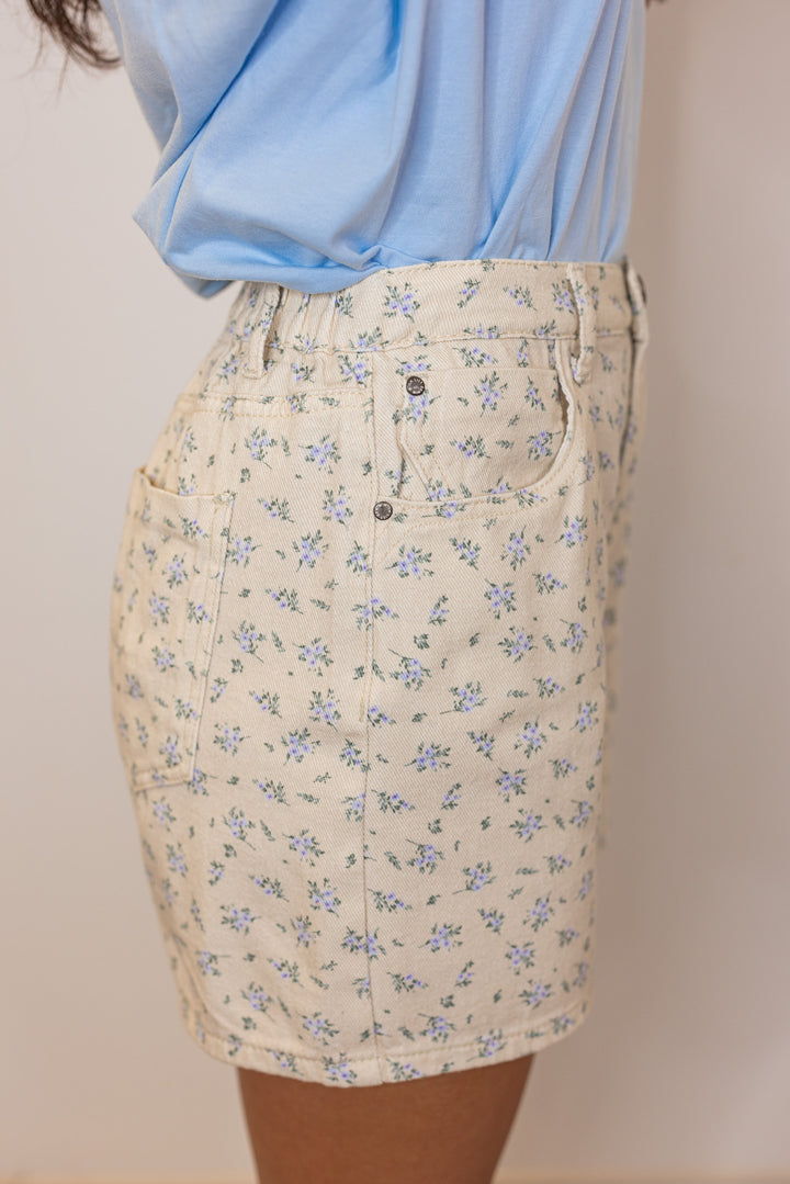 cream blue floral print cotton denim shorts