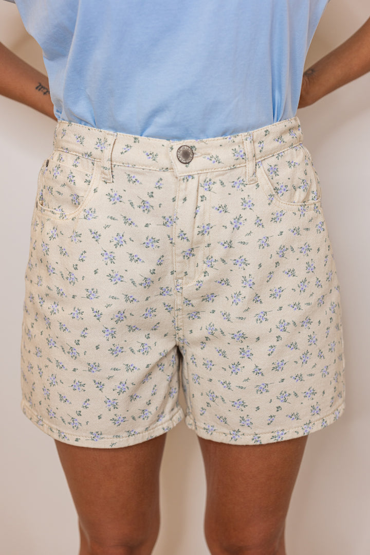 cream blue floral print cotton denim shorts