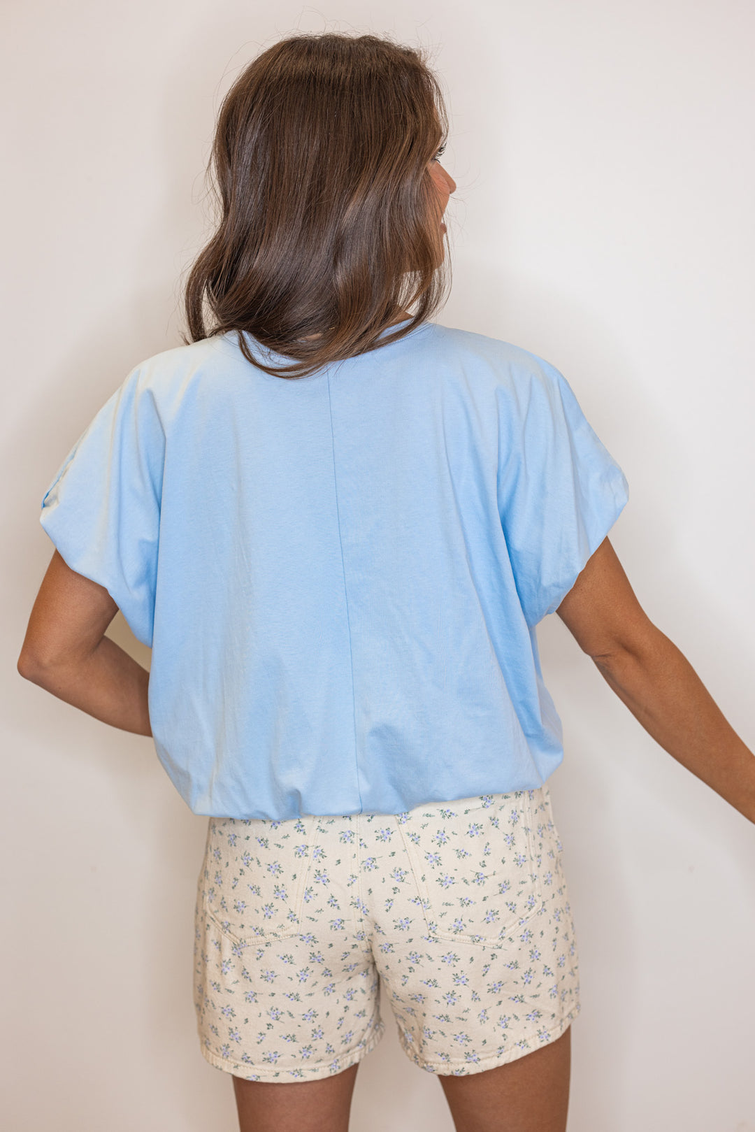 blue bubble hem cropped basic short sleeve top
