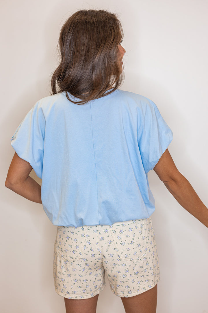 blue bubble hem cropped basic short sleeve top