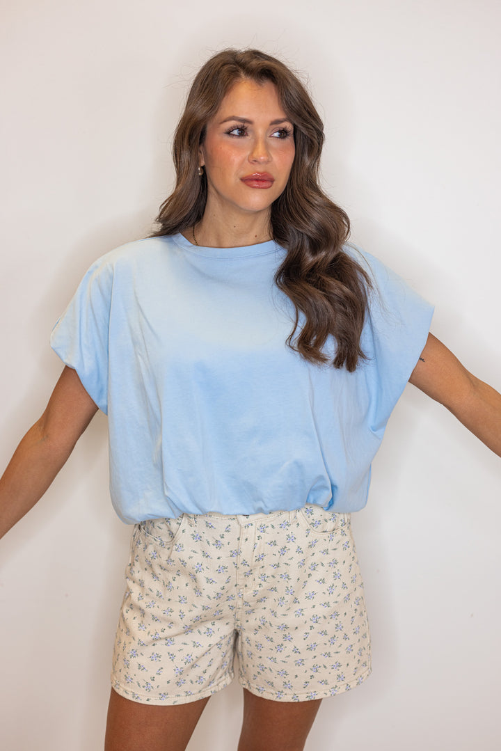 blue bubble hem cropped basic short sleeve top