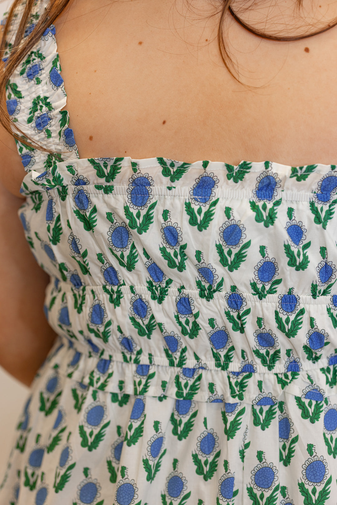 blue green floral print ruffle trim midi dress