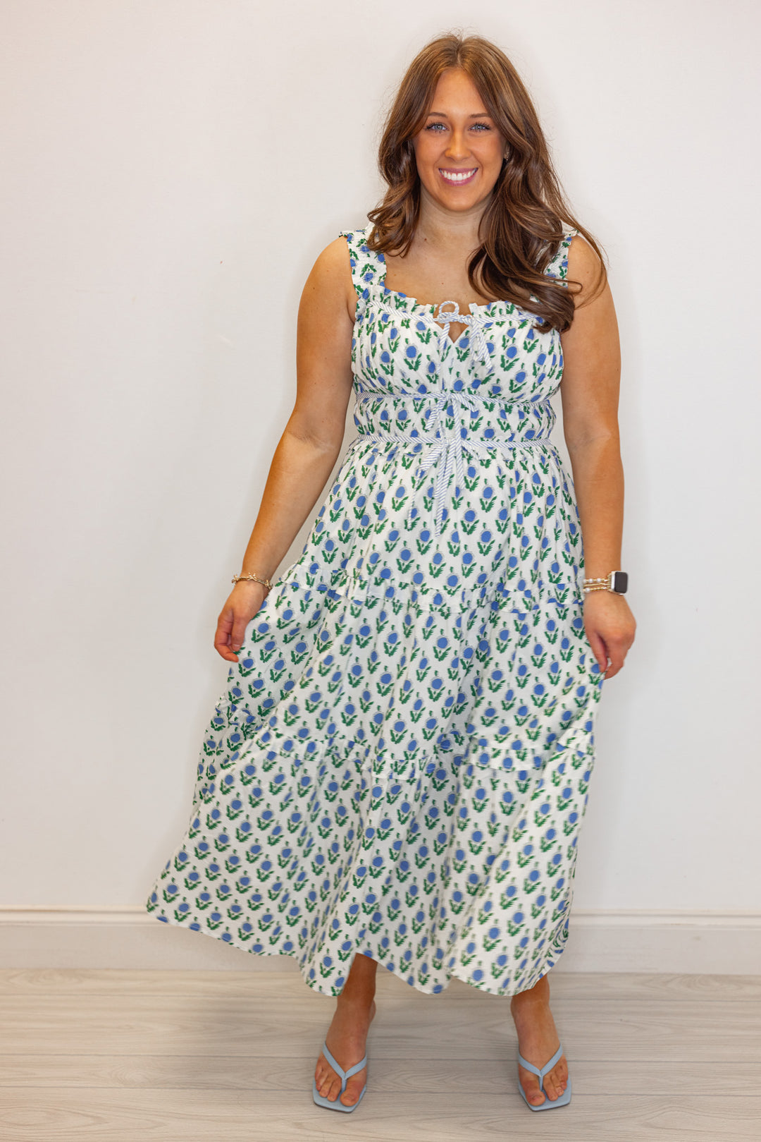 blue green floral print ruffle trim midi dress