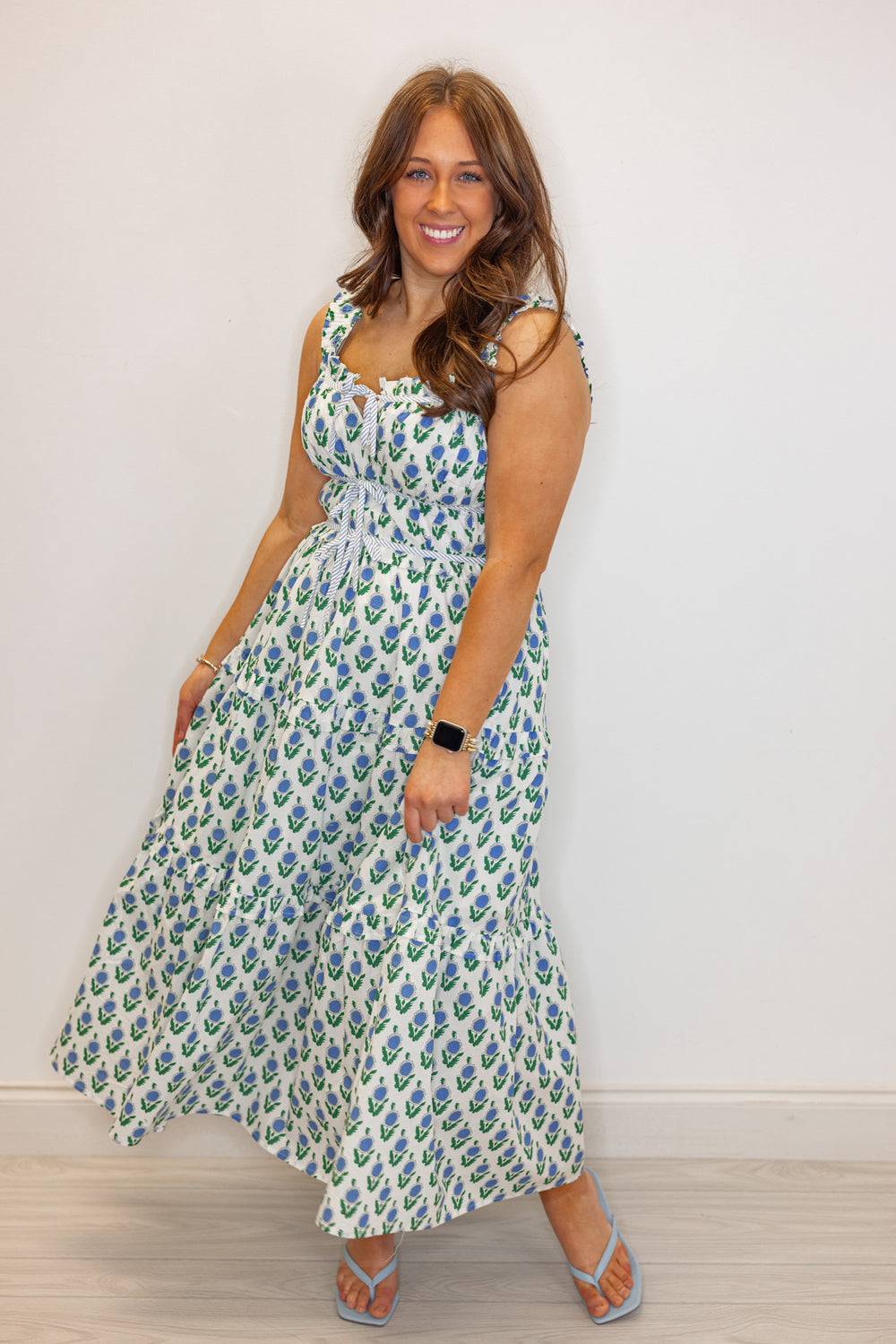 blue green floral print ruffle trim midi dress
