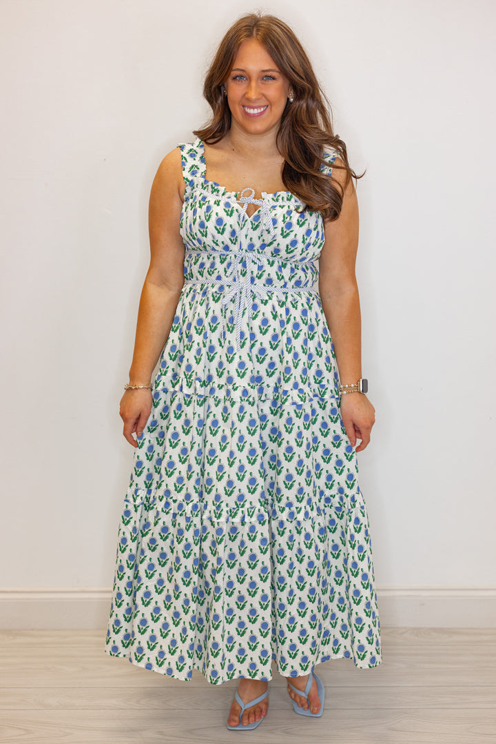 blue green floral print ruffle trim midi dress