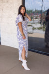 blue floral print smocked midi dress