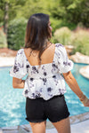 black white floral bow vneck top