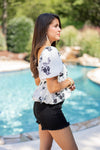 black white floral bow vneck top