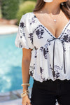 black white floral bow vneck top