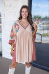 rust taupe embroidered babydoll dress