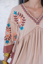 rust taupe embroidered babydoll dress