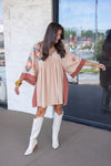 rust taupe embroidered babydoll dress