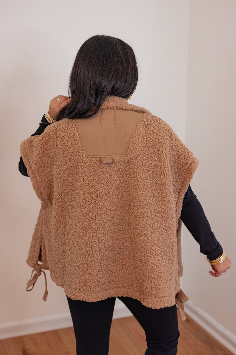 oversized brown sherpa teddy vest