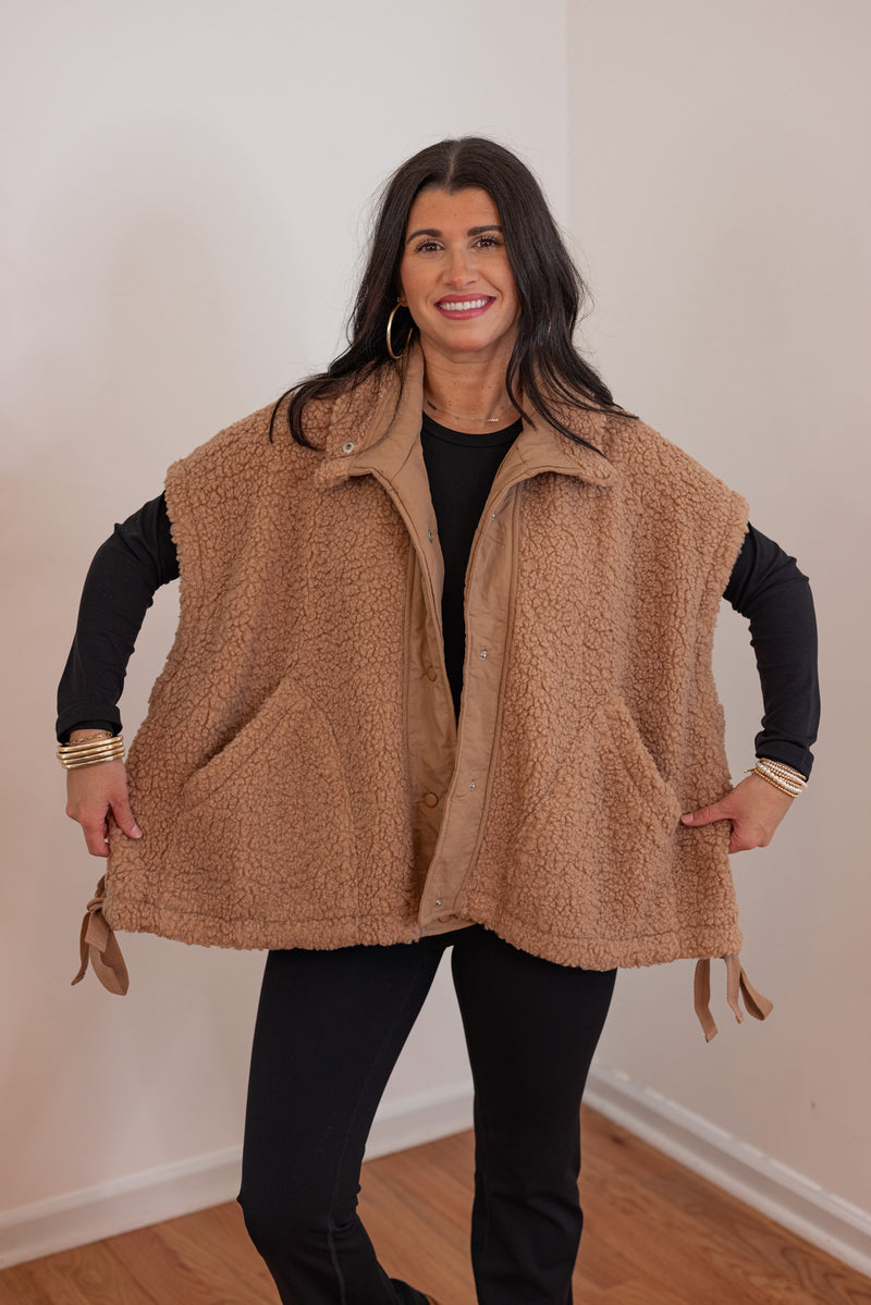 oversized brown sherpa teddy vest