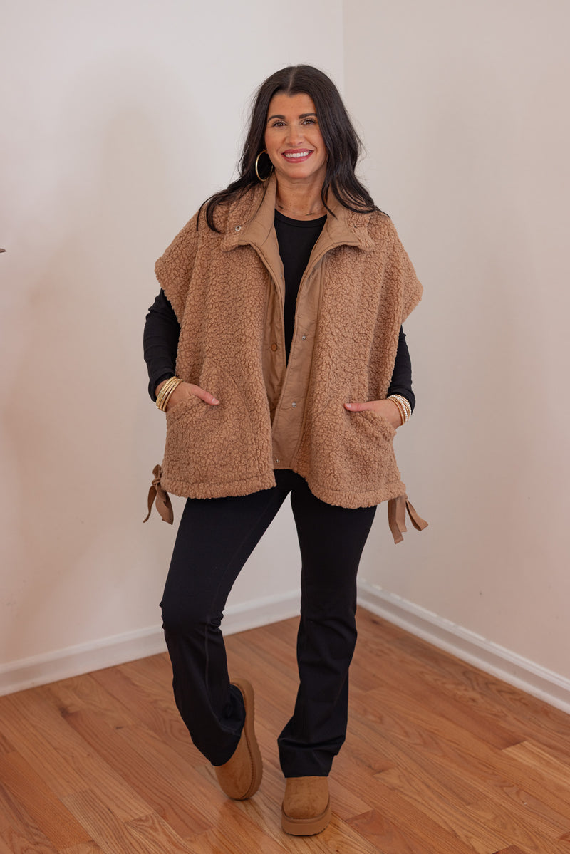 oversized brown sherpa teddy vest