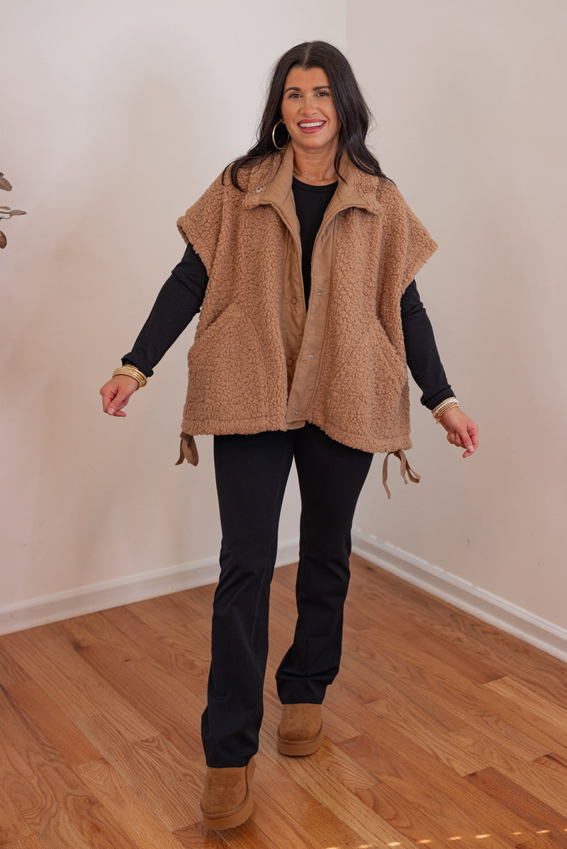 oversized brown sherpa teddy vest