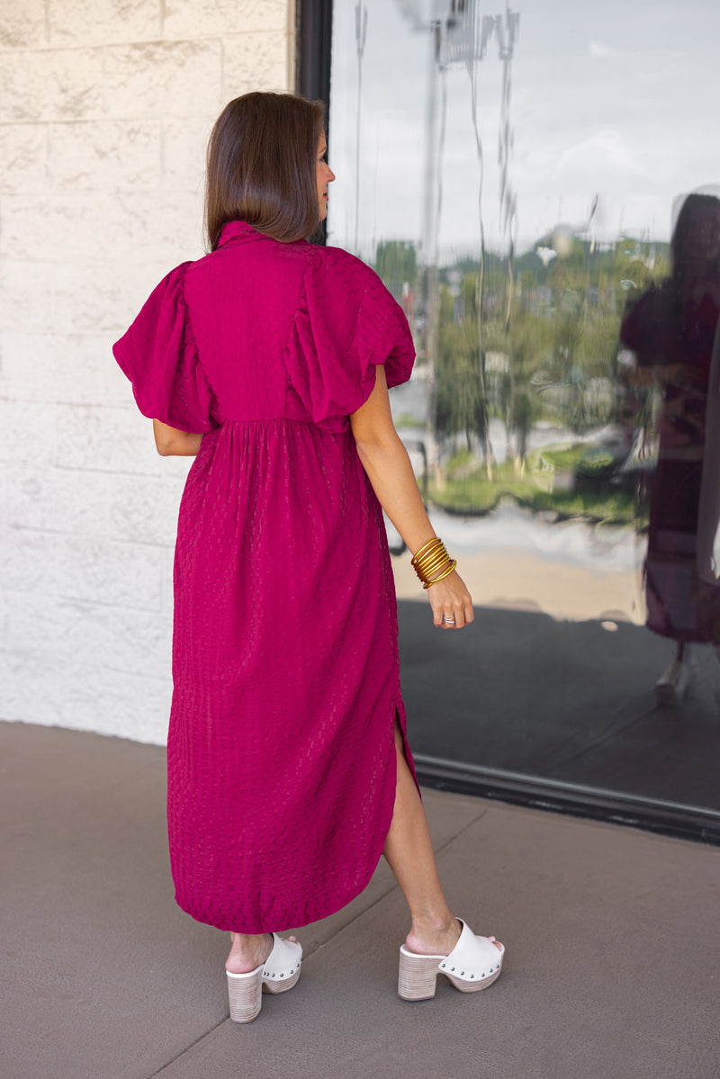 plum textured bubble sleeve midi dress