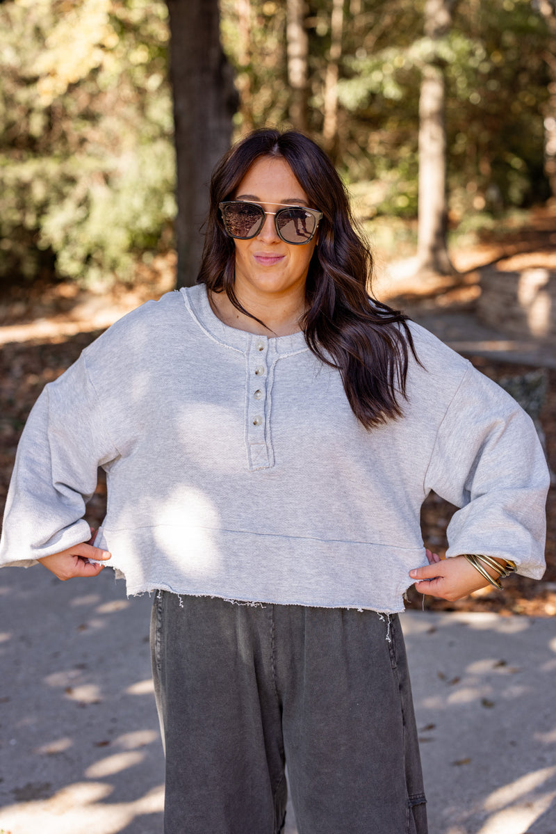 grey cotton knit cropped pullover sweater