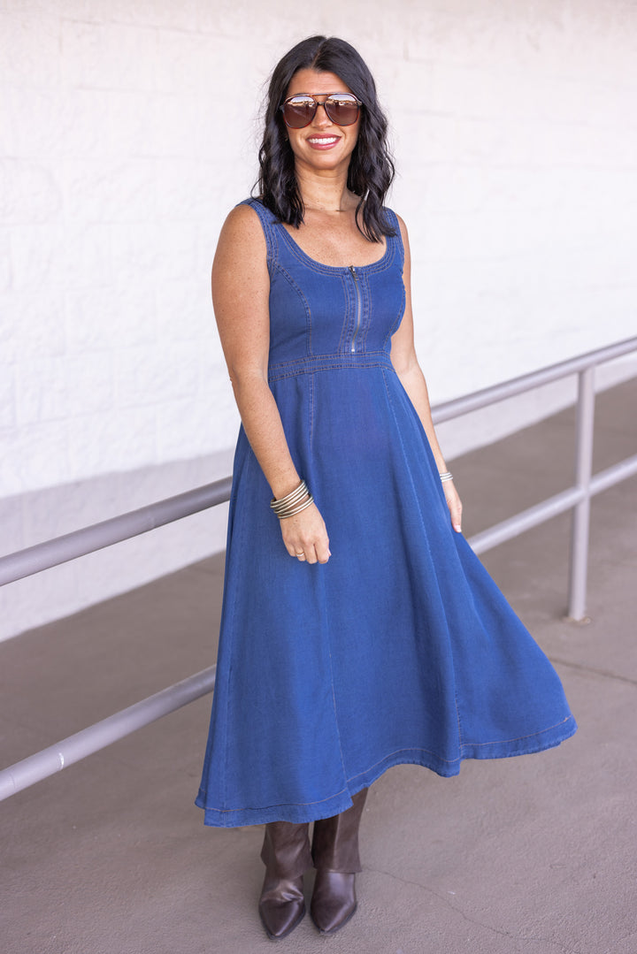 Women's dark blue washed denim chambray midi dress with zip front bodice by Blu Pepper showing full front view